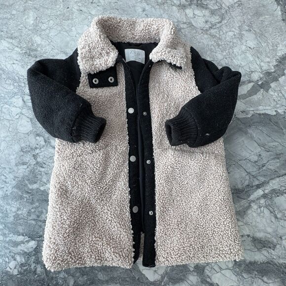 ZARA Kids Girls Outerwear Shearling Teddy Coat Jacket Cream Black Size 6